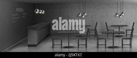 Vector mockup of cafe interior with empty bar counter, dinner tables and chairs, ceiling lamps, gray brick wall and tiled floor. Minimalist modern des Stock Vector