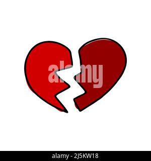 Doodle broken heart. Hand-drawn red love symbol isolated on white background. Cute greeting card Heart. February 14, wedding, feeling, medicine, Valen Stock Vector