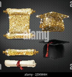 Vector set with black and golden graduation caps, glittering diplomas isolated on background. Square academic hats, mortarboards with tassels, documen Stock Vector