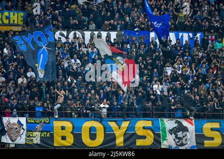 Milano, Italy. 23rd Apr, 2022. Football fans of Inter seen during the Serie A match between Inter and Roma at Giuseppe Meazza in Milano. (Photo Credit: Gonzales Photo/Alamy Live News Stock Photo