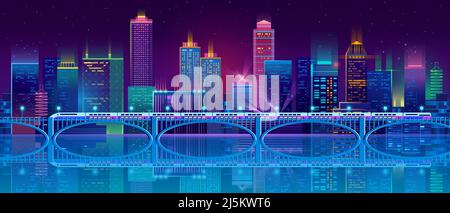 Vector concept background with night city illuminated with neon glowing lights. Futuristic cityscape in blue and violet colors, panorama with modern b Stock Vector