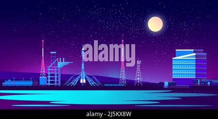 Vector spaceport at night with rocket, control room and radio tower. Science base in ultra violet colors on full moon background. Station for cosmos e Stock Vector