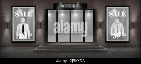 Vector concept background, boutique shop facade with signboard. Storefront with brick wall, entrance with steps, large glass door and empty illuminate Stock Vector
