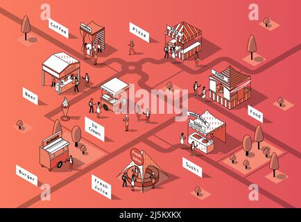 Vector 3d isometric food courts, fair with people. Shops with sushi, pizza and other food in park, tree. Markets with canopy. Urban concept. Marketpla Stock Vector