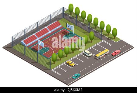 Vector 3d isometric stadium with field for basketball games, parking places for cars and road with vehicles. Sport arena with green trees near asphalt Stock Vector