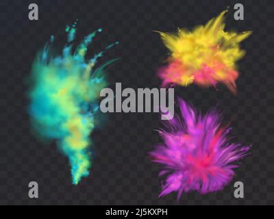 Vector realistic set of colorful powder clouds or explosions, isolated on transparent background. Abstract ink splashes, decorative vibrant paints for Stock Vector