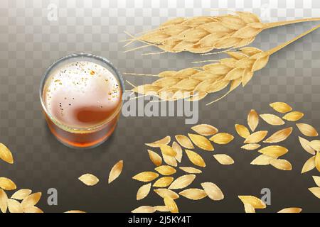 Craft beer or whiskey in glass beaker with barley or wheat ears and grains scattering around realistic vector isolated on transparent background. Elit Stock Vector