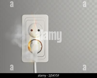 Short circuit in electrical outlet 3d realistic vector with flaming power plug in socket illustration isolated on transparent background. Overloaded e Stock Vector