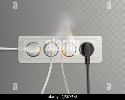 Flaming power plugs in horizontal electrical socket realistic vector illustration isolated on transparent background. Short circuit in outlet because Stock Vector