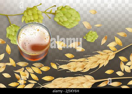 Fresh beer in glass beaker, barley or wheat ears and grains scattering around, hops flowering 3d realistic vector illustration isolated on transparent Stock Vector