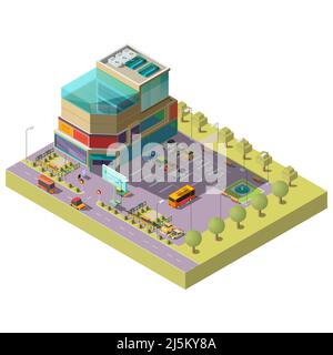 Vector 3d isometric shopping center with parking area. Multistorey modern building with place for different cars, bus stop. Supermarket, mall with gla Stock Vector
