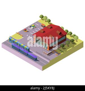 Train, subway or tram station building isometric vector with modern passenger locomotives and wagons moving near railway platform 3d illustration. Cit Stock Vector