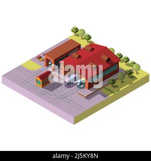 Railway depot isometric projection vector with trams, subway trains or passenger train locomotives standing in hangars, going on route illustration. C Stock Vector