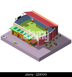 Soccer stadium building with parking and cars moving on street road 3d isometric vector icon isolated on white background. Modern city infrastructure Stock Vector