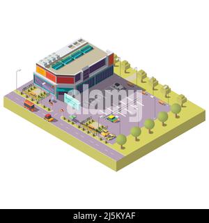 Modern mall, shopping center or supermarket with cars on big parking isometric projection vector. Modern city commercial building, object of trade 3d Stock Vector