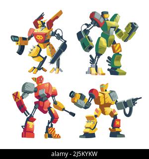 Vector cartoon combat robots. Battle androids with artificial intelligence in protective armor isolated on white background for games. Futuristic sold Stock Vector