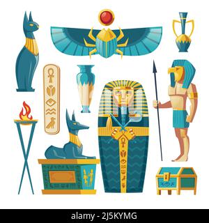 Vector Egyptian set - pharaoh sarcophagus, ancient gods and other symbols of culture. Cartoon collection of tomb, pyramid objects on white background.