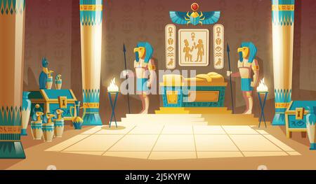 Vector cartoon pharaoh tomb with golden sarcophagus, statues of gods with animal heads, columns, symbols and hieroglyphics on wall. Egyptian ancient c Stock Vector