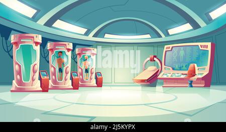Human cloning or dna research in secret science laboratory carton vector concept with young men sleeping in capsule with fluid, MRI scanner and empty Stock Vector