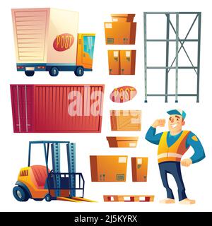 Delivery or postal service cartoon vector icons set isolated on white background. Logistics, shipping company worker, warehouse equipment, loading mac Stock Vector