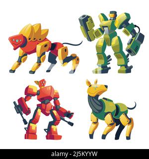 Vector cartoon combat robots and mechanical dogs. Battle androids with artificial intelligence, pet in protective armor isolated on white background f Stock Vector