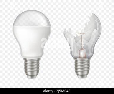 Vector 3d realistic electric lightbulbs. LED technology, eco-friendly, energy-efficient innovation. Illumination equipment with broken glass, sharp sp Stock Vector