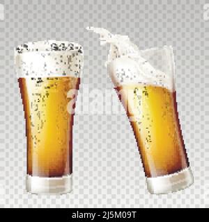 Vector realistic golden beer splashes in transparent glass. White foam on yellow alcohol drink inside of pint, tankard. Mockup for ad poster, promo ba Stock Vector