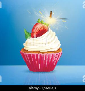 Tasty cupcake, muffin decorated with mint leaf, fresh strawberry and fired sparkler thrust in cream 3d realistic vector illustration. Sweets and pastr Stock Vector
