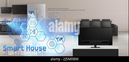 Smart house vector concept illustration, internet of things, wireless digital technologies to manage your home. Modern apartments with household appli Stock Vector
