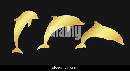 Set golden dolphin sign icon on black background. Gold vector clipart illustration. Stock Vector