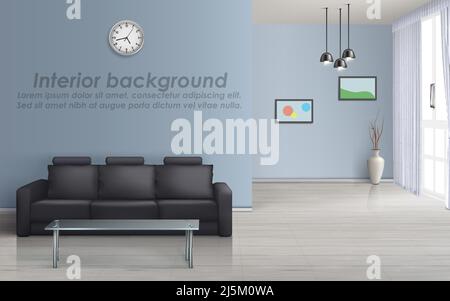 Vector 3d mockup of empty living room with black sofa, glass table, window with curtains, clock on blue wall. Modern lounge with couch, minimalist int Stock Vector