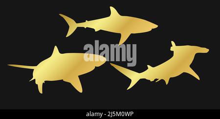 Set golden shark sign icon on black background. Gold vector clipart illustration. Stock Vector