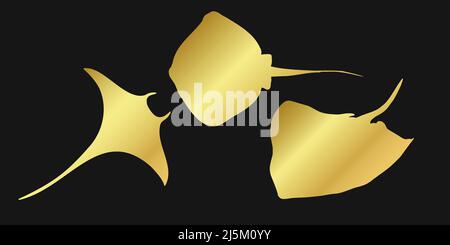 Set golden stingray, manta ray or devilfish sign icon on black background. Gold vector clipart illustration. Stock Vector