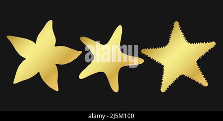Set golden starfish sign icon on black background. Gold vector clipart illustration. Stock Vector