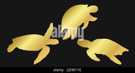 Set golden turtle or tortoise sign icon on black background. Gold vector clipart illustration. Stock Vector
