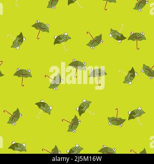 Seamless pattern cute frog umbrella. Background of funny accessory shape head toad in doodle style. Repeated design texture for printing, fabric, wrap Stock Vector