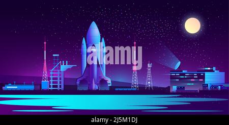 Vector spaceport at night with rocket, control room and radio tower. Science cosmic base, rocket or spaceship ready to launch in ultra violet colors o Stock Vector
