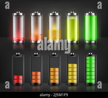 Vector set of battery charge indicators with low and high energy levels isolated on background. Full charged and discharged accumulators with colorful Stock Vector