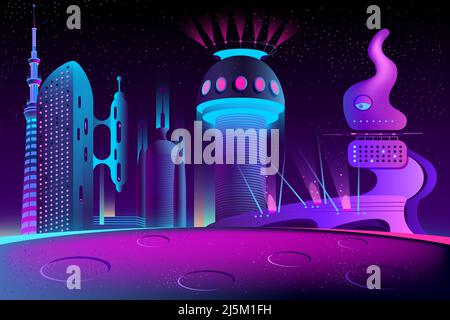 Vector futuristic city on other planet, alien culture at night. Bright glowing buildings in cartoon style, modern megapolis. Urban skyscrapers in neon Stock Vector