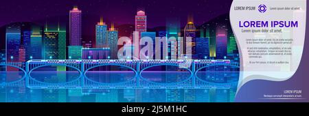 Vector concept banner with night city illuminated with neon glowing lights. Futuristic cityscape in blue and violet colors, panorama with modern build Stock Vector