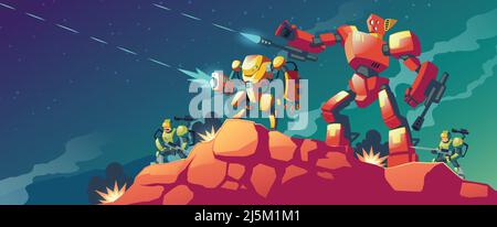 Vector cartoon illustration with robot war on alien planet, Mars. Landscape with combat robots. Battle androids, artificial intelligence in protective Stock Vector