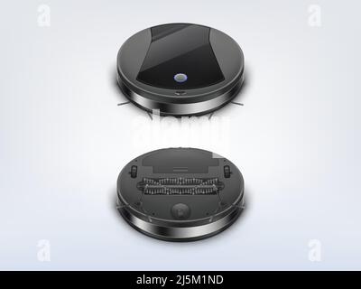 Round robot vacuum cleaner top, bottom view 3d realistic vector illustration. Modern, time saving, smart home appliance for automatic vacuuming. Digit Stock Vector
