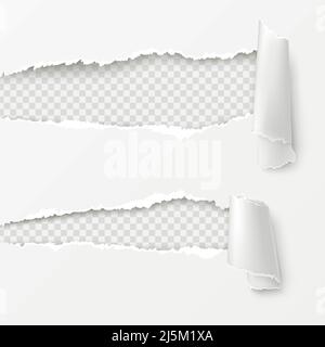 Gaps with ripped and scrolled edges on torn parer realistic vector illustration with copyspace. Holes with damaged sides in white sheet or background. Stock Vector