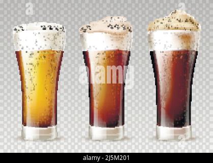 Freshly brewed, various grades of craft beer poured in glossy weizen glasses with foam pours out on top 3d realistic vector set isolated on transparen Stock Vector