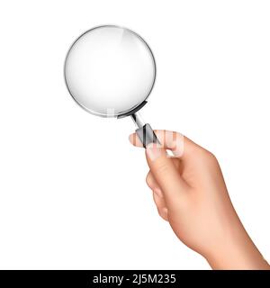 Magnifying glass in human hand 3d realistic vector illustration isolated on white background. Searching information online, business marketing researc Stock Vector