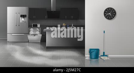 Modern kitchen cleaning realistic vector household background with clean kitchen appliances and furniture in minimalistic design interior, mop with bu Stock Vector