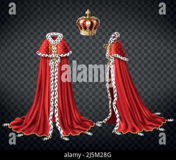 Kings royal robe with cape and mantle trimmed ermine fur and precious, gold crown decorated perls 3d realistic vector front, side view illustration is Stock Vector