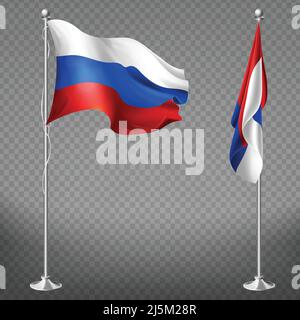 Russian Federation official national tricolor flag fluttering in wind and lying calm on metal flagpole 3d realistic vector illustration isolated on tr Stock Vector