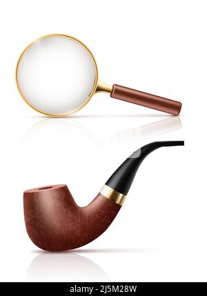 Vintage magnifying glass with golden frame and wooden handle, retro smoking tobacco pipe 3d realistic vector icon isolated on white background. Detect Stock Vector