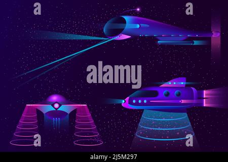 Vector collection of spaceships, UFO and aircraft in ultraviolet colors. Cartoon rocket, shuttle with portal circles, flight engines. Background with Stock Vector
